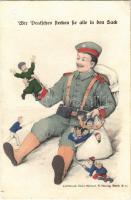 1915 Wir Deutschen stecken Sie alle in den Sack / Mi, németek, mindannyiótokat a zsákba teszünk / WWI German military propaganda art postcard, humour. Lichtdruck Gebr. Neinert, R. Hennig
