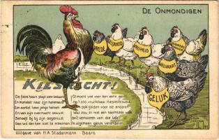 De Onmondigen. Kiesrecht! / Dutch suffrage movement humorous art postcard with rooster and chickens. H. A. Stadermann s: John Janssens