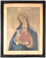 Jelzés nélkül, feltehetően XIX. sz. vége: Madonna. Akvarell, selyem. Sérült, foltos. Üvegezett fa keretben. 69x51,5 cm