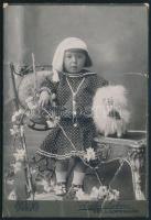 cca 1905 Kislány játékkutyával, keményhátú fotó Zeffer Lukács Dés/Szamosújvári műterméből, sérült, 16×10,5 cm