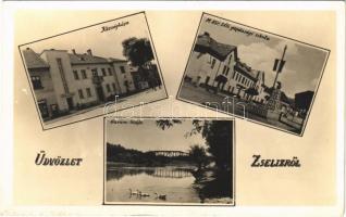 1942 Zselíz, Zeliezovce; Községháza, Garam híd, M. kir. téli gazdasági iskola, országzászló / town hall, Hron river bridge, winter school, Hungarian flag