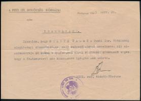 1945 A Pesti Izraelita Hitközség Kórházai igazolványa 1945. márciusából alkalmazott részére, így mentesítve őt más közmunka igénybevétele alól, pecsételve, aláírva