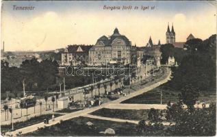 1914 Temesvár, Timisoara; Hungária fürdő és Liget út, villamos. Feder R. Ferenc felvétele és kiadása / spa and street, tram (Rb)