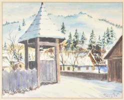 Gámentzy Zoltán (1912-?): Havas Bucsin (románul: Bucin, Hargita megye, Székelyföld, Erdély). Akvarell, papír, jelzett. Üvegezett fa keretben. 32x40,5 cm