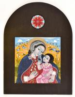 Stefániay Edit (1936-2010): Mária Jézussal. Tűzzománc, réz lemezen. Hátoldalán zsűri címkével. Fa keretben, 20x20 és d: 5,5 cm
