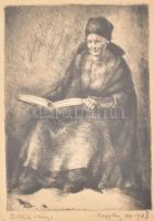Zsögödi Nagy Imre (1893-1976): Bibliás asszony, 1923. Rézkarc, papír, jelzett, üvegezett fa keretben, 21,5x16 cm / Imre Zsögödi Nagy (1893-1976): Woman with bible, 1923. Etching on paper, signed, framed with glass. 21,5x16 cm