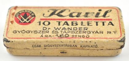 cca 1930 Karil tabletta fém dobozka, Dr. Wender gyógyszergyár gyártmánya, sarkai kopva, de jó állapotban, 5×2 cm
