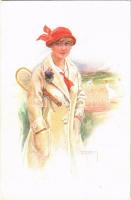 Italian art postcard. Lady with tennis racket. Erkal No. 336/1. s: Usabal