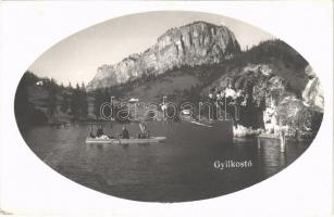 1942 Gyergyószentmiklós, Gheorgheni; Gyilkos-tó, evezős csónak kutyával / Lacul Rosu / lake, boat with dog. photo (EK)