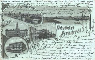 1904 Arad, Andrássy tér, Maros-part, Városháza, Lyceum, Színház. Bloch H. kiadása / square, Mures riverbank, town hall, high school, theatre. Art Nouveau, floral, metallic litho (EB)