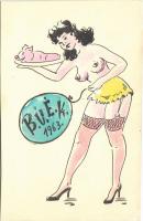 1963 BÚÉK. Erotikus újévi üdvözet / Erotic New Year greeting art postcard (non PC) (vágott / cut)