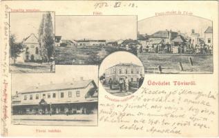 1902 Tövis, Teius; Fő tér, indóház, vasútállomás, Piac, Fő út, Oroszlán szálloda, Izraelita templom, zsinagóga. Klein Mihály kiadása / main square and street, market, railway station, synagogue, hotel