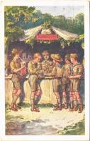Foglalkozás után, kantin / Hungarian boy scout art postcard + 221. sz. 1947 Anonymus Cserkésztábor Tiszaörvény (EK)