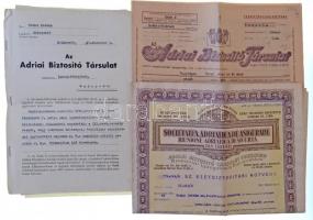 ~1938-1942. Triszeti Adria Biztosító élet- és tűzbiztosítási kötvény, nyugta tétel, közte biztosítási ügynök megbízási szerződése 1941-ből, eredeti, dombornyomott bordó színű bőr tokban