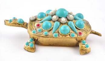 Réz teknős alakú ékszertartó doboz, 14,5×8,5 cm