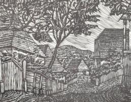 Kovács Géza (1938-): Alsósófalvi utca (Székelyföld, Erdély). Linómetszet, papír, jelzett és datált (...