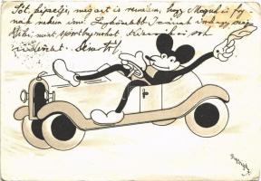 1931 Mickey Mouse in automobile. Klösz early Disney art postcard (Izsák József Rt. vegyészeti gyár) s: Bisztriczky (EK)