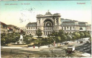 1913 Budapest VII. Keleti pályaudvar, vasútállomás, villamos, Baross szobor. Németh József kiadása