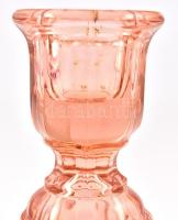 Dekoratív rózsaszín üveg gyertyatartó. Megfordítva vázaként is használható. Jelzés nélkül, paró kopá...