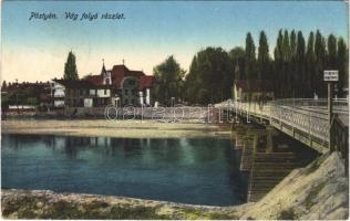 1917 Pöstyén, Pistyan, Piestany; Vág folyó részlete, híd, "Lassan hajts!" forgalmi táblával / Váh river bridge