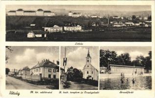 1943 Rétság, M. kir. adóhivatal, strandfürdő, Római katolikus templom, országzászló