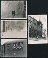 1930-1956 4 db fotó, közte: zúzmarás Zugliget, romos Budapest, katonák vonaton, 9,5x6,5 cm és 8,5x6 cm közötti méretekben.