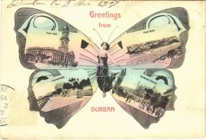 1907 Durban, Town Hall, Cave Rock, Esplanade, Gardiner Street. Montage with Art Nouveau butterfly lady, art postcard (fl)
