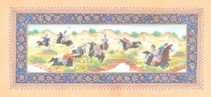 Jelzés nélkül. Perzsa lovaspóló játék. Akvarell, papír. Üvegezett, sérült keretben. 7x20 cm / Persian horse polo game painting