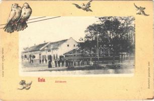 1905 Kula, Zöldkert, vendéglő, üzlet. Franz Kugler kiadása. Szecessziós litho keret madarakkal / restaurant, inn, shop. Art Nouveau litho frame with birds (kopott sarok / worn corner)