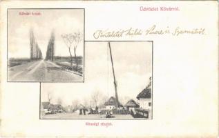 1913 Kóvár, Kővár, Koláre; fasor, község részlet a gémeskúttal. Haniberger József kiadása / road, shadoof (well pole)