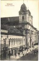1940 Kolozsvár, Cluj; Piaristák temploma, Hermann Herman úri szabó üzlete, Somi Imréné utóda, Schwartz József és Muntyán Péter üzlete, útépítés / church, shops, road construction