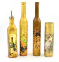 3 db üveg és porcelán palack és 1 db üveg váza, dekupázs technikával, egyik dugóval, kopásokkal, 22 cm és 35 cm közötti méretekben