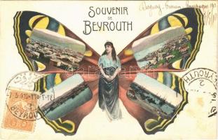 1910 Beirut, Beyrouth; Souvenir de Beyrouth. Montage with Art Nouveau butterfly lady, art postcard (fl)
