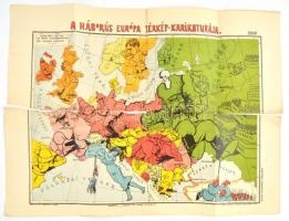 1914 A háborús Európa térkép-karikatúrája 1914, rajzolta Varga Imre, kiadja: Zeizler Sándor, Bp., Rosenthal Litográfia-ny., kettészakadt, hiánnyal, megviselt állapotban, 41x55 cm. Ritka!