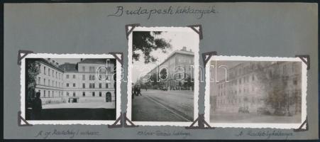 cca 1940 Budapesti laktanyák, gróf Radetzky- és Mária Terézia-laktanya villamossal, autókkal, 3 db fotó fotósarokkal kartonra ragasztva, 6×8,5 cm