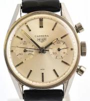 cca 1965 Heuer Carrera chronográf, kézi felhúzós karóra, számlapon egy karccal. Kopott bőr szíjjal, pótolt felhúzókoronával. Működő állapotban d: 3,5 cm