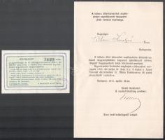 1915 Bp., A háború által károsultak segélyezésére engedélyezett tárgysorsjáték rendező bizottsága aláírt levele Blau Károlyné elnöknőhöz, valamint a sorsjáték egy sorsjegye