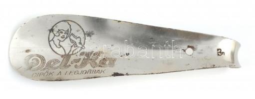 Del-Ka reklámos cipőkanál, kisebb rozsdafoltokkal, h: 15,5 cm