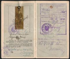 1922 Magyar Királyság útlevele szabómester számára, fotóval, osztrák vízummal, bélyegzésekkel