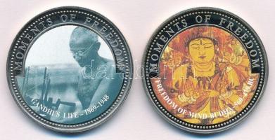 Libéria 2001. 10$ "Szabadság pillanatai - Gandhi élete 1869-1948" multicolor + Libéria 2001. 10$ "Szabadság pillanatai - Budha tudatának szabadsága Kr.e. 560-479" multicolor T:1 (eredetileg PP) fo. Liberia 2001. 10 Dollars "Moments of Freedom - Gandhi's life 1869-1948" multicolor + 2001. 10 Dollars "Moments of Freedom - Freedom of Mind-Budha" multicolor C:UNC (originally PP) spotted