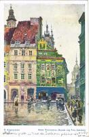 1931 Warszawa, Warschau, Warsaw; Stara Warszawa, Rynek róg S-to Janskiej / old town, art postcard s: B. Kopczynski (tiny tear)