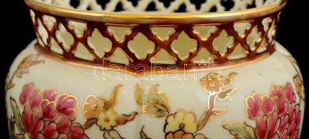 Zsolnay pillangómintás, áttört porcelán kaspó, kézzel festett, jelzett, hibátlan, m: 10 cm