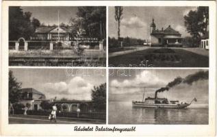 1950 Balatonfenyves, gőzhajó, Kupa fogadó, Dorogi bányászok nyári otthona