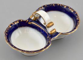Zsolnay Pompadour mintás porcelán só-borstartó, részben kézzel festett, jelzett, apró kopásnyomokkal, 12,5x7,5x5,5 cm