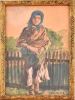 Perlmutter jelzéssel: Nő a kerítésnél. Akvarell, papír, aranyozott fa keretben, 26x17 cm