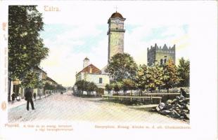 Poprád (Tátra, Vysoké Tatry), Fő tér, evangélikus templom, régi harangtorony. Feitzinger Ede 68. bt. / main square, Lutheran church, old bell tower