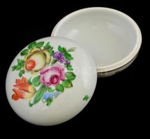 Herendi virágmintás porcelán bonbonier, kézzel festett, jelzett, egészen apró kopásnyomokkal, d: 12 ...