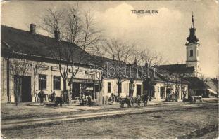 1912 Kevevára, Temeskubin, Kovin; utca, templom, vasraktár, üzlet / street, shops (EK)
