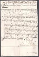 1739 Esterházy Ferenc (1683-1754) helytartótanácsos, későbbi tárnokmester saját kezű aláírásával ellátott oklevele Ung megye részére melyben utasítja a vármegyét, hogy a kereskedők és szövetáruk révén terjesztett járvány miatt a fertőzött helyről származó áru vásárlása esetén kötelesek óvatosan eljárni. Brunszvik Antal titkár aláírásával is. Papírfelzetes viaszpecséttel
