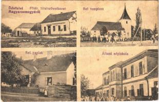 Magyarnemegye, Nimigea de Jos, Nimigea Ungureasca; református templom és paplak, állami népiskola, Fő tér, hitelszövetkezet, Morvai Antal üzlete / calvinist church and rectory, school, main square, credit union, shop (EK)